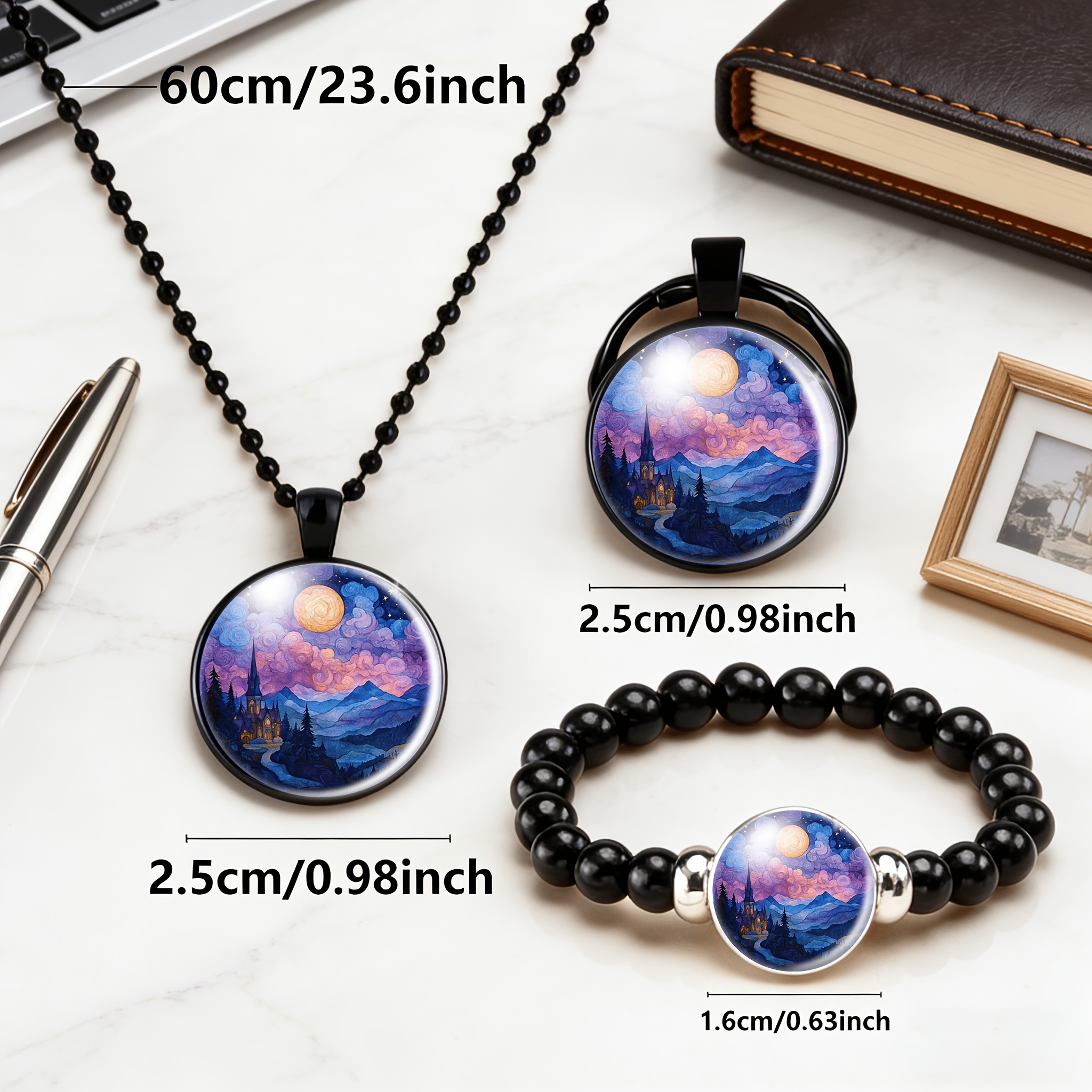 3pc Men's Black Accessory Set with Castle Design Necklace, Bracelet, Keychain
